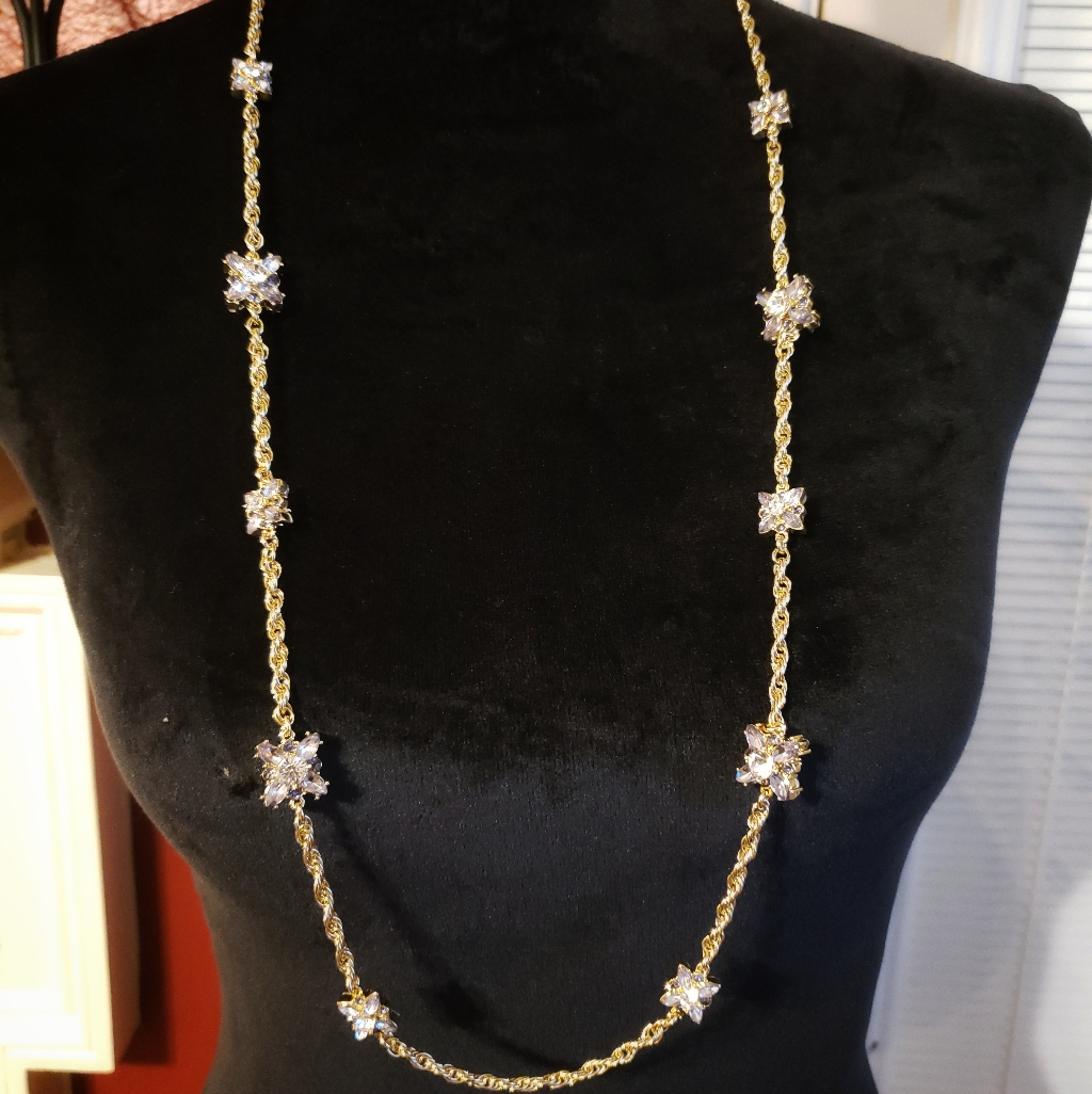 Gold Tone Purple Crystal Long Necklace